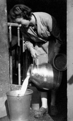 Joyce Harris,nee Malpass, pouring milk from a churn.