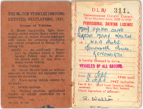 Temporary driving license for Sylvia Walton, Kensworth land girl