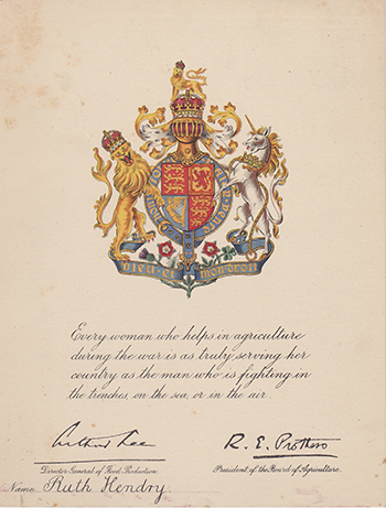 Certificate for women's agricultural service during the First World War, presented to Ruth Hendry