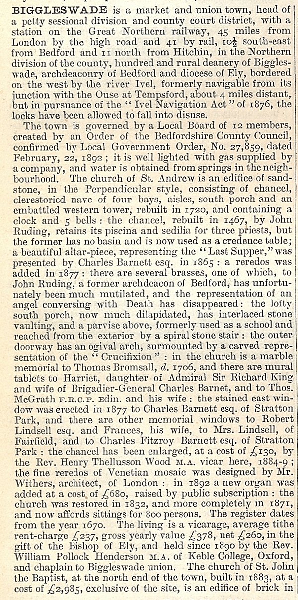 Biggleswade, from Kellys Directory 1894, page 48, enlarged text