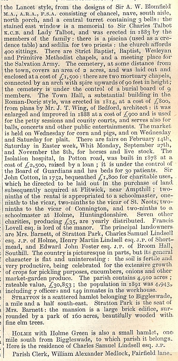 Biggleswade, from Kellys Directory 1894, page 48, enlarged text