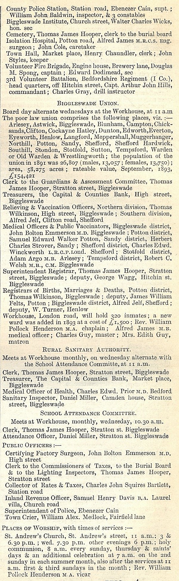 Biggleswade, from Kellys Directory 1894, page 49, enlarged text