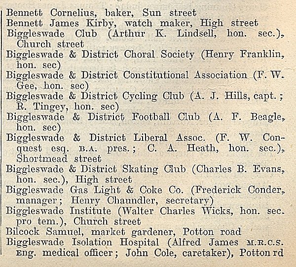 Biggleswade, from Kellys Directory 1894, page 50, enlarged text