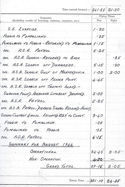 Observer's and Air Gunner's Flying Log Book - Flight details