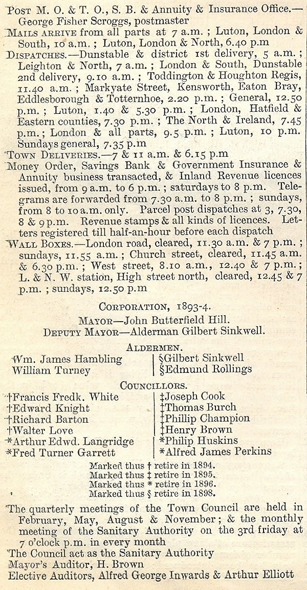 Dunstable, from Kellys Directory 1894, page 64, enlarged text