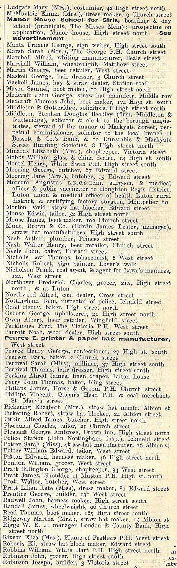 Dunstable, from Kellys Directory 1894, page 67, enlarged text