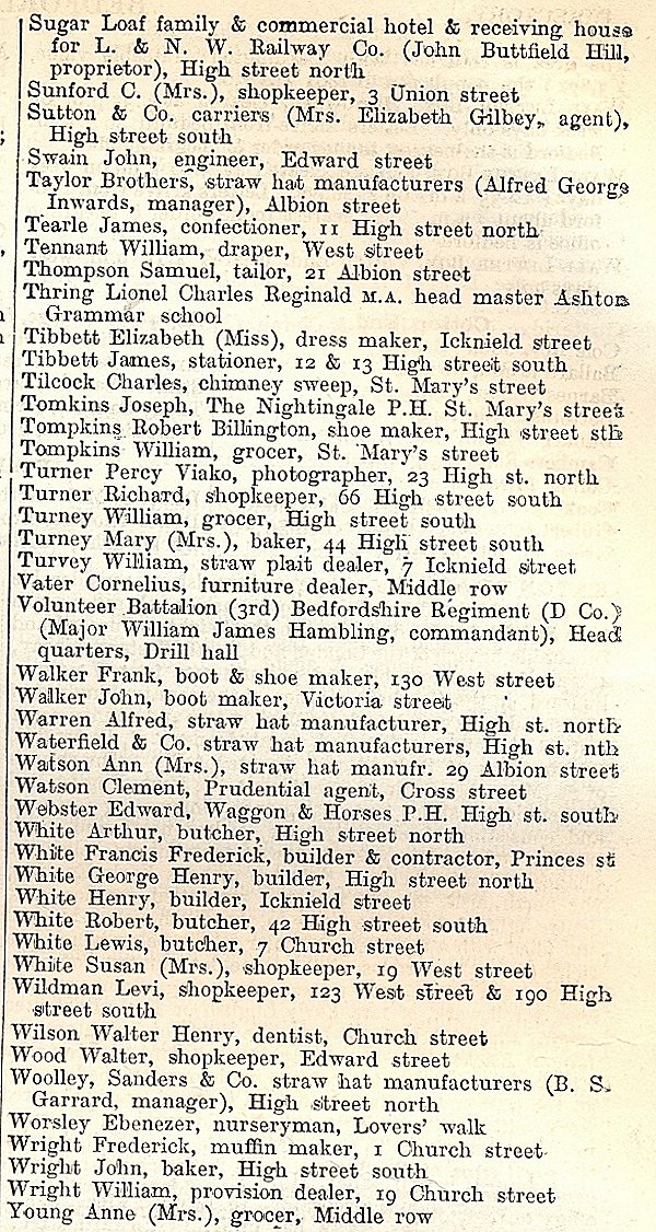 Dunstable, from Kellys Directory 1894, page 68, enlarged text