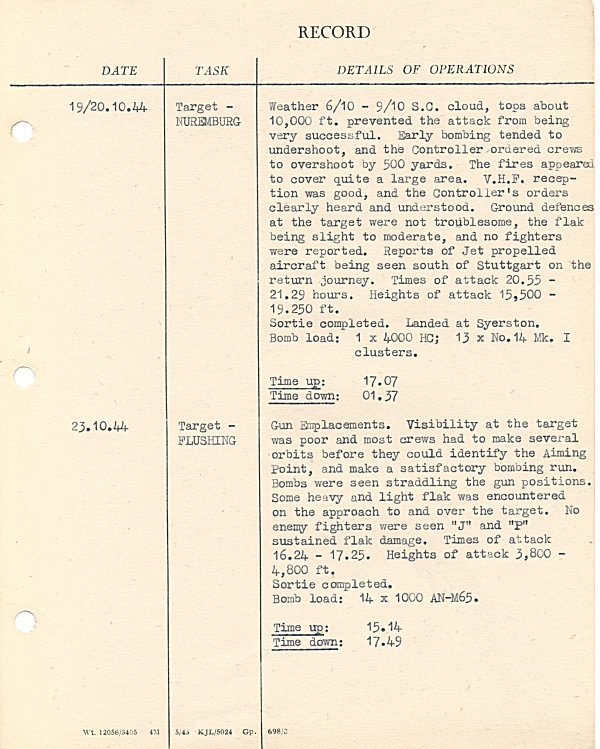 Operational flight details of Lancaster Bomber ME. 626