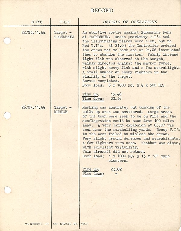 Operational flight details of Lancaster Bomber ME. 626