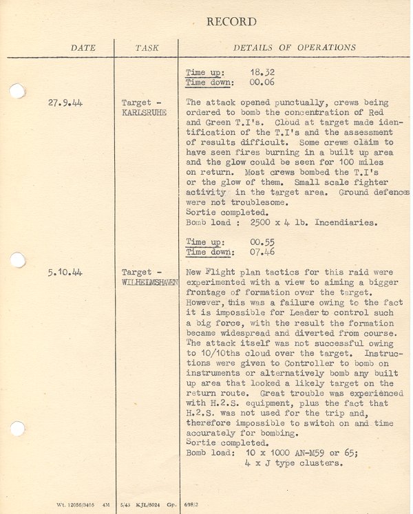 Operational flight details of Lancaster Bomber ME. 626