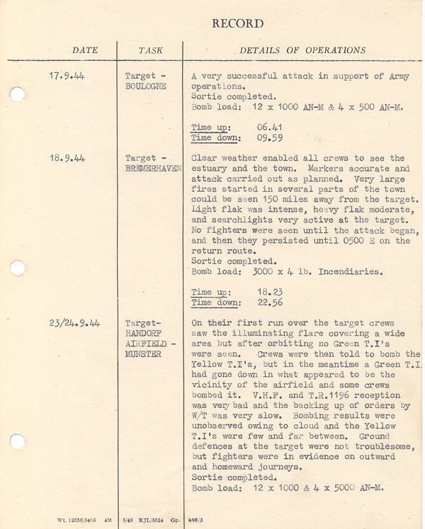 Operational flight details of Lancaster Bomber ME. 626