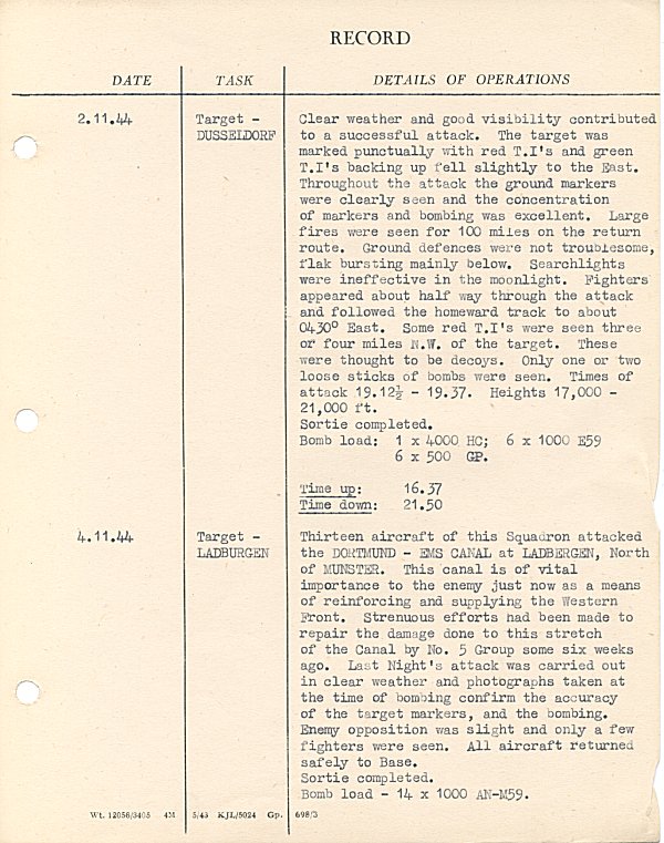 Operational flight details of Lancaster Bomber ME. 626