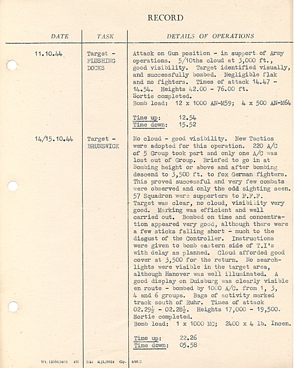 Operational flight details of Lancaster Bomber ME. 626