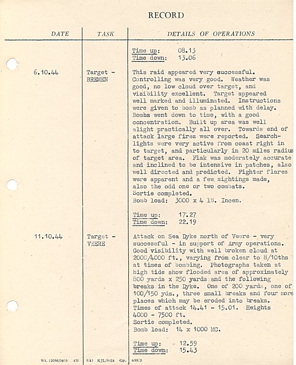 Operational flight details of Lancaster Bomber ME. 626