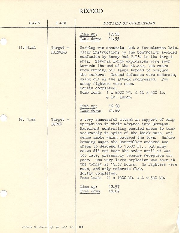 Operational flight details of Lancaster Bomber ME. 626