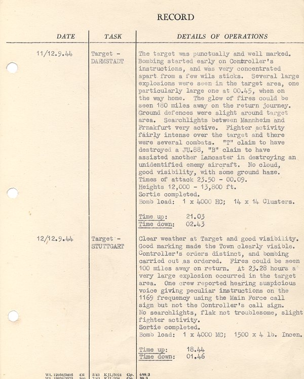 Operational flight details of Lancaster Bomber ME. 626