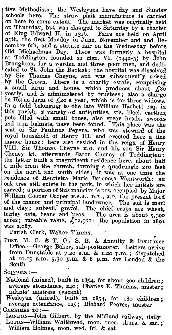 Toddington from Kellys Directory 1894 page 143, enlarged text