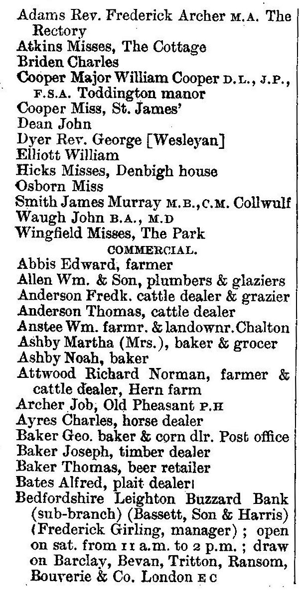 Toddington from Kellys Directory 1894 page 143, enlarged text