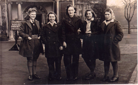 Sharnbrook land girls outside The Swan Hotel, Bedford